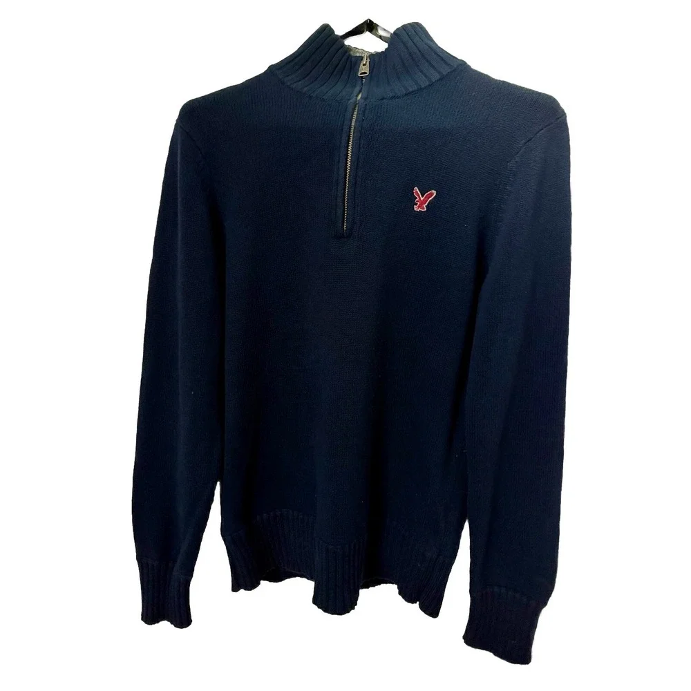 Y2K American Eagle Sweater Men L Blue 1/4 Zip Knit Pullover Wool Blend Preppy
